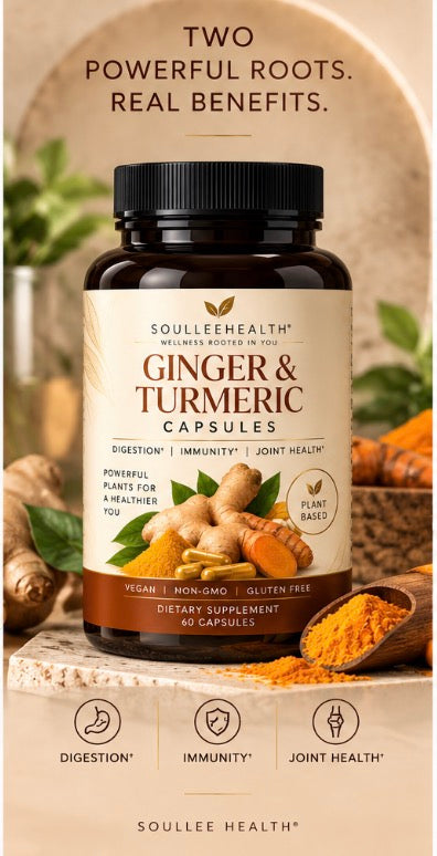 Soullee Health™ Ginger & Turmeric Capsules | Daily Digestive, Joint & Wellness Support | 60 Vegan Capsules