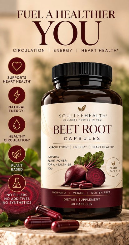 Soullee Health™ Pure Beet Root Capsules | Circulation, Energy & Heart Health Support | 60 Vegan Capsules
