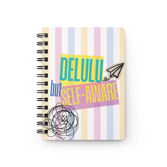 Spiral Journal — "Delulu but Self-Aware" Pastel Striped Notebook (Crazy Vibes Only)