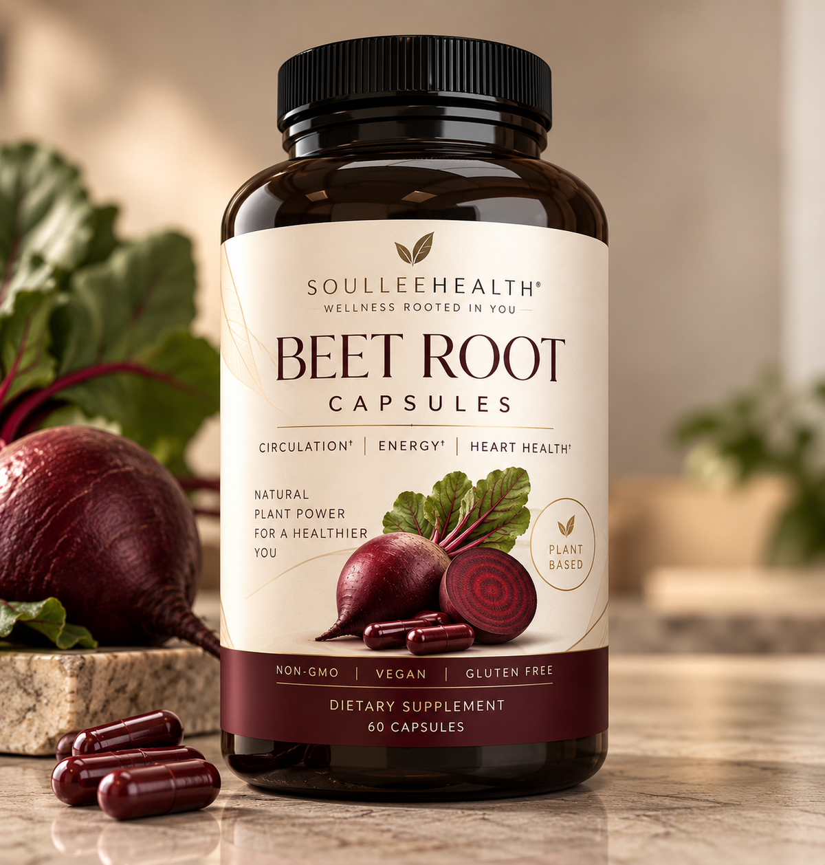 Soullee Health™ Pure Beet Root Capsules | Circulation, Energy & Heart Health Support | 60 Vegan Capsules