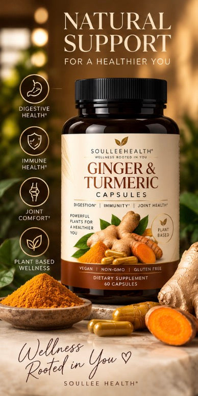 Soullee Health™ Ginger & Turmeric Capsules | Daily Digestive, Joint & Wellness Support | 60 Vegan Capsules