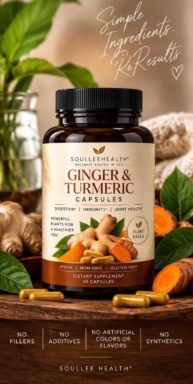 Soullee Health™ Ginger & Turmeric Capsules | Daily Digestive, Joint & Wellness Support | 60 Vegan Capsules